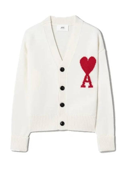 Intarsia Big Heart Logo Oversized Virgin Wool Cardigan White - AMI - BALAAN 2