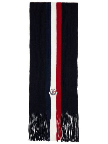 Tricolor Logo Patch Stripe Fringe Wool Muffler Night Blue - MONCLER - BALAAN 1