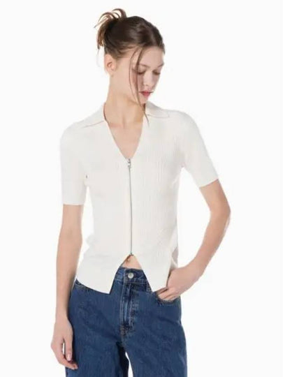 Jeans Short Sleeve Zip Polo Knit Top Ivory - CALVIN KLEIN - BALAAN 2