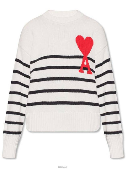 Striped Big Heart Logo Knit Top White - AMI - BALAAN 2