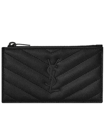 Cassandre Matelasse Fragments Grain De Poudre Embossed Leather Zipped Card Wallet Black - SAINT LAURENT - BALAAN 1