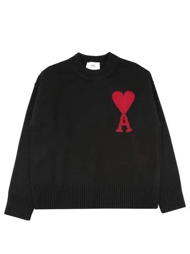 Intarsia Big Heart Logo Wool Knit Top Black - AMI - BALAAN 2