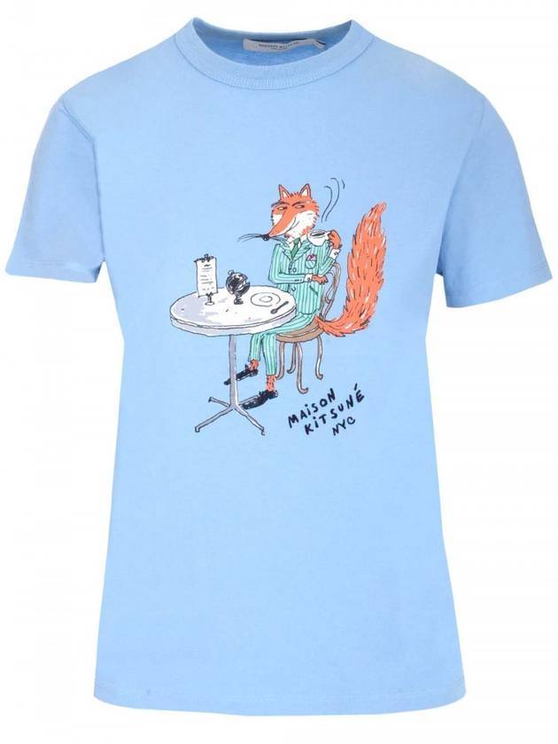 Women's Oly Coffee Fox Cotton Short Sleeve T-Shirt Blue - MAISON KITSUNE - BALAAN 1