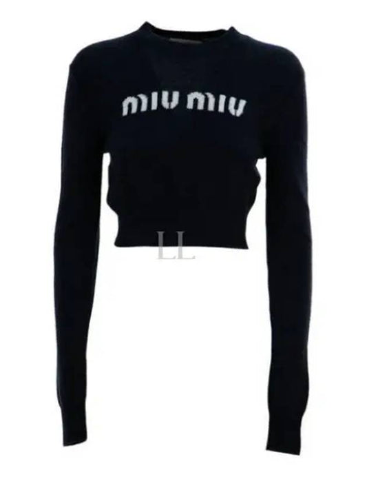 Print Logo Crop Wool Cashmere Knit Top Navy - MIU MIU - BALAAN 2