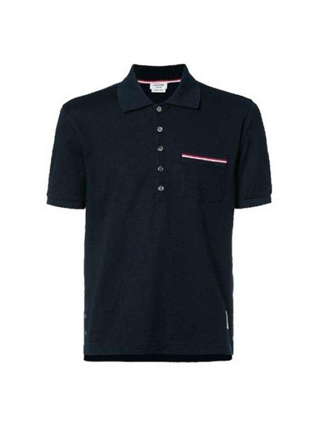 Men's Three Stripes Pocket Mercerized Short Sleeve Polo Shirt Navy - THOM BROWNE - BALAAN 3