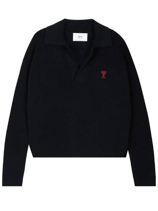 Small Heart Long Sleeve Polo Shirt Black - AMI - BALAAN 2