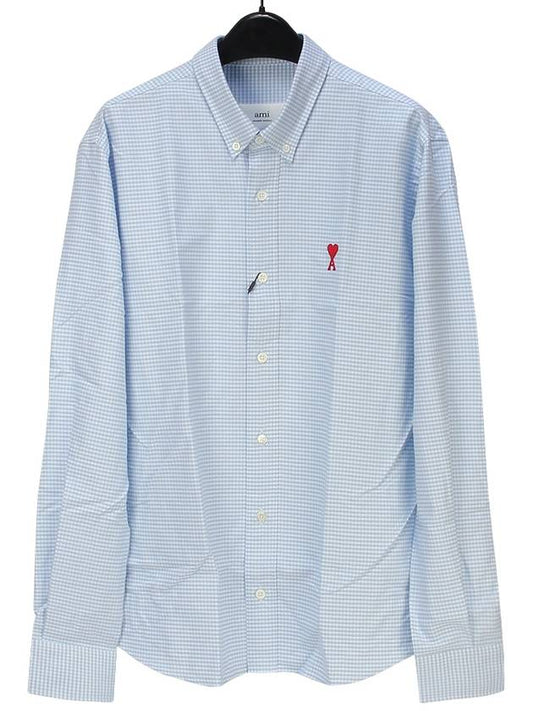 Men's Small A Heart Button Down Long Sleeve Shirt  White Blue - AMI - BALAAN 2