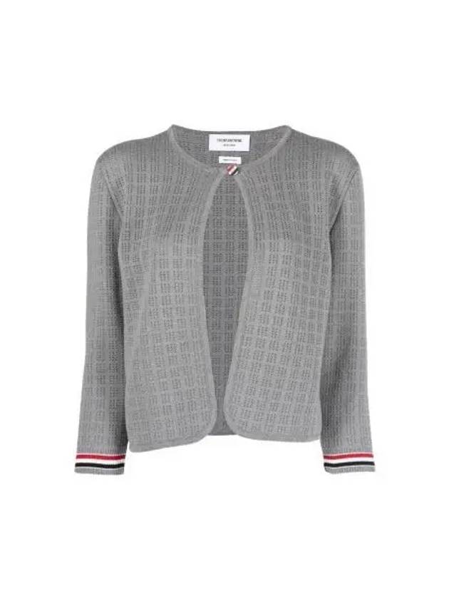 Grid Stitch Pointelle Cropped Crew Neck Cardigan Grey - THOM BROWNE - BALAAN 2