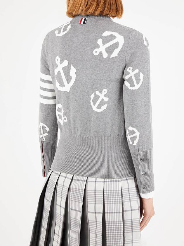 Cotton Anchor Intarsia 4-Bar Crewneck Cardigan Grey - THOM BROWNE - BALAAN 4