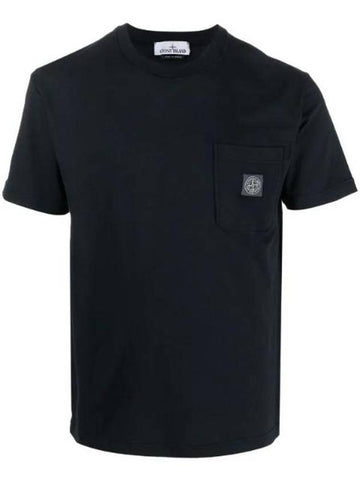 Men's Pisato Effect Logo Patch Pocket Short Sleeve T-Shirt Navy - STONE ISLAND - BALAAN 1