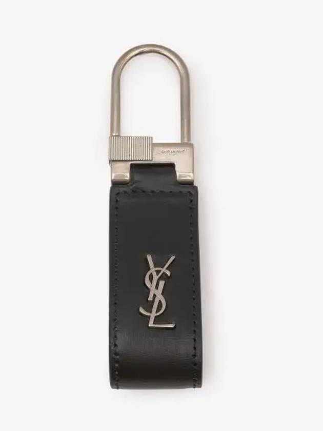 Silver Hardware Mini Monogram Leather Key Holder Black - SAINT LAURENT - BALAAN 2