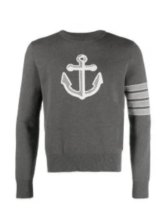 Men's Anchor Jacquard 4-Bar Crew Neck Knit Top Med Grey - THOM BROWNE - BALAAN 2