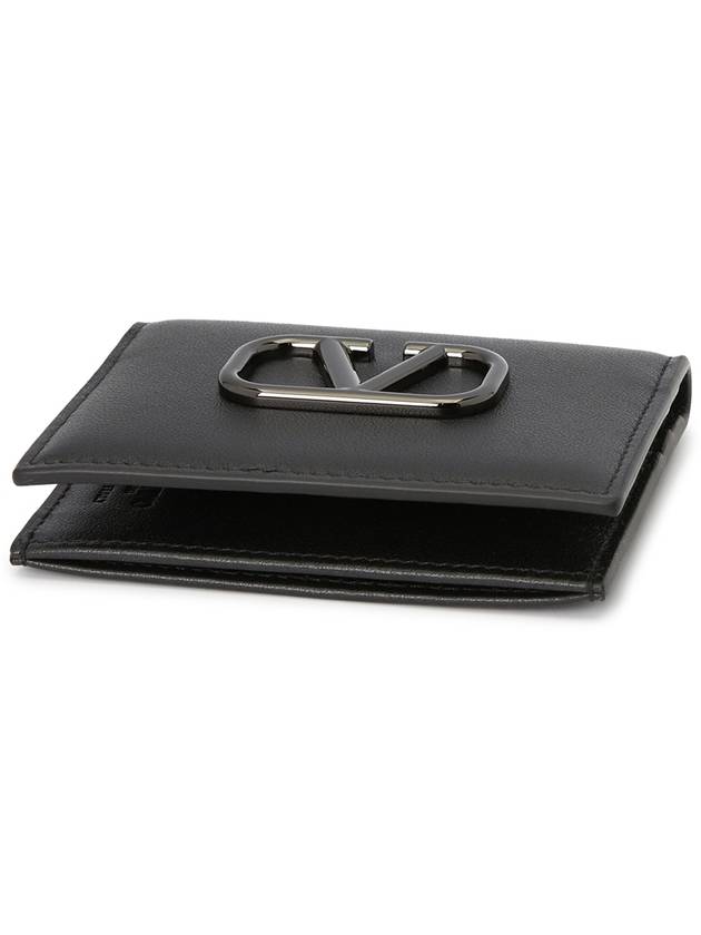 V Logo Signature Leather Card Wallet Black - VALENTINO - BALAAN 4