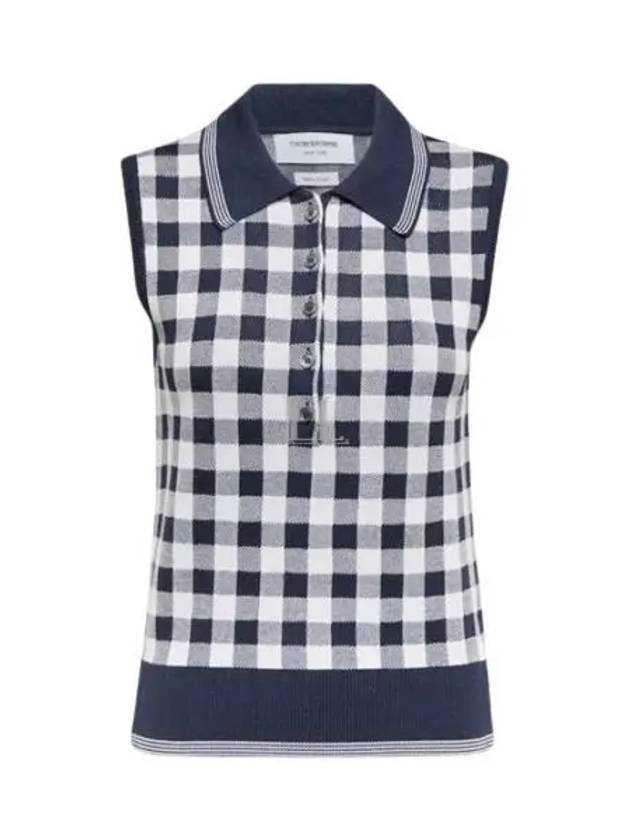 Gingham Silk Jacquard 4 Bar Polo Sleeveless Cardigan Navy - THOM BROWNE - BALAAN 2