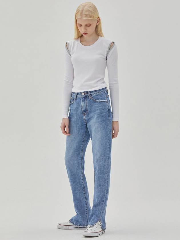 RYUL+WAI: Denim Straight Slit Long Pants Indigo - RYUL+WAI: - BALAAN 1