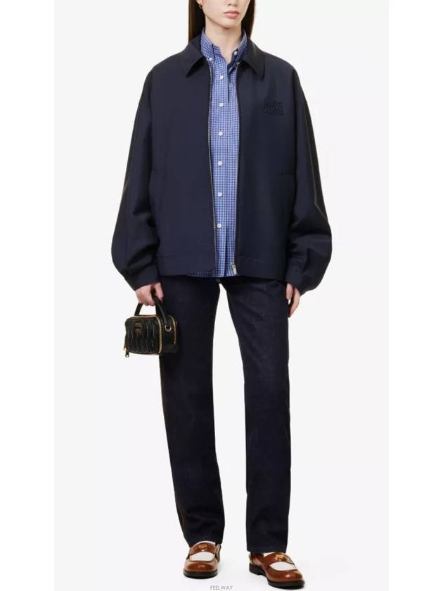 Mohair Embroidered Logo Wool Zip-up Jacket Navy - MIU MIU - BALAAN 5