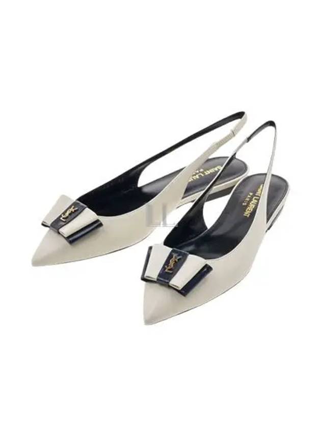 Bow Metal Logo Leather Slingback Flats Pearl - SAINT LAURENT - BALAAN 2