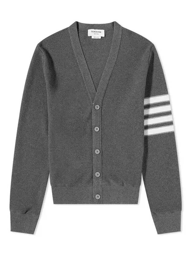 4 Bar Open Raschel Stitch V Neck Cardigan Grey - THOM BROWNE - BALAAN 3