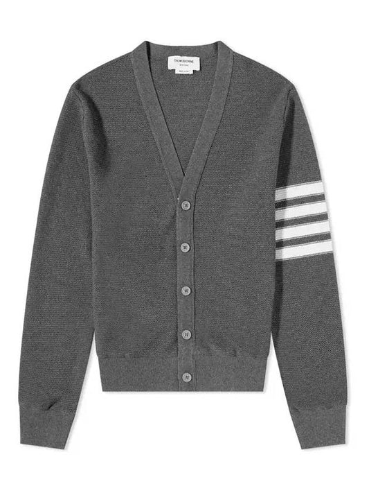 4 Bar Open Raschel Stitch V Neck Cardigan Grey - THOM BROWNE - BALAAN 2