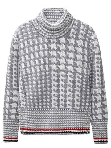 Prine Of Wales Jacquard Detail Cashmere Turtleneck Grey - THOM BROWNE - BALAAN 1