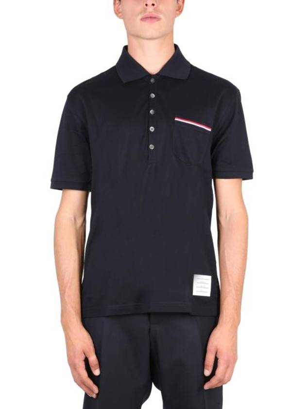 Men's Three Stripes Pocket Mercerized Short Sleeve Polo Shirt Navy - THOM BROWNE - BALAAN 2