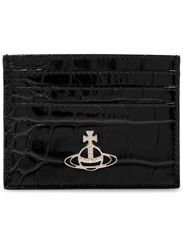 ORB Logo Croc Embossed Card Wallet Black - VIVIENNE WESTWOOD - BALAAN 1