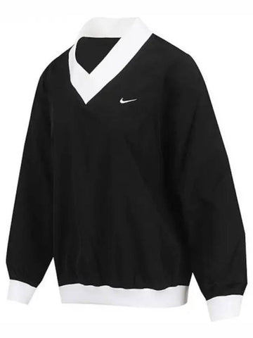 Sportswear Essentials Loose Woven Long Sleeve V Neck Top W Black White FV7650 010 - NIKE - BALAAN 1