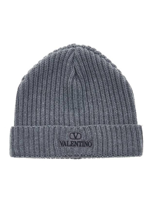 Embroidered Logo Ribbed Beanie Grey - VALENTINO - BALAAN 1