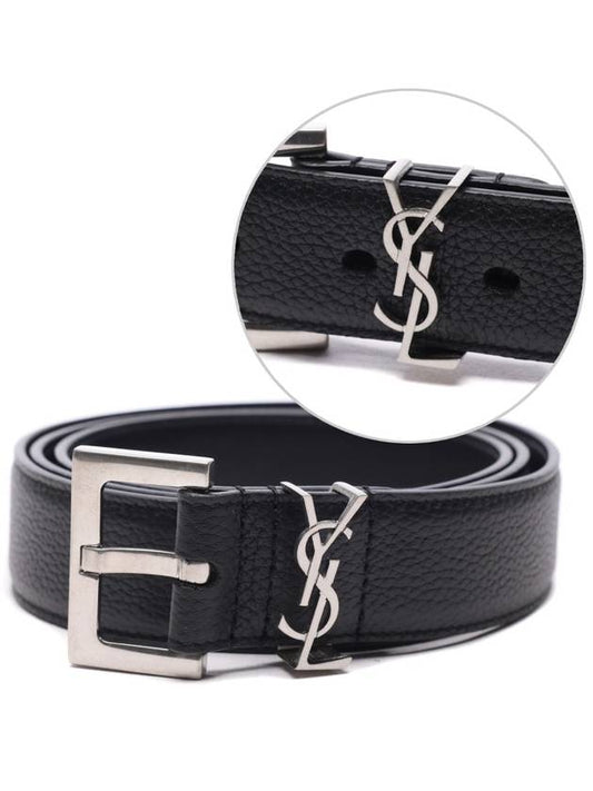 Grained Leather Silver Monogram Belt Black - SAINT LAURENT - BALAAN 2