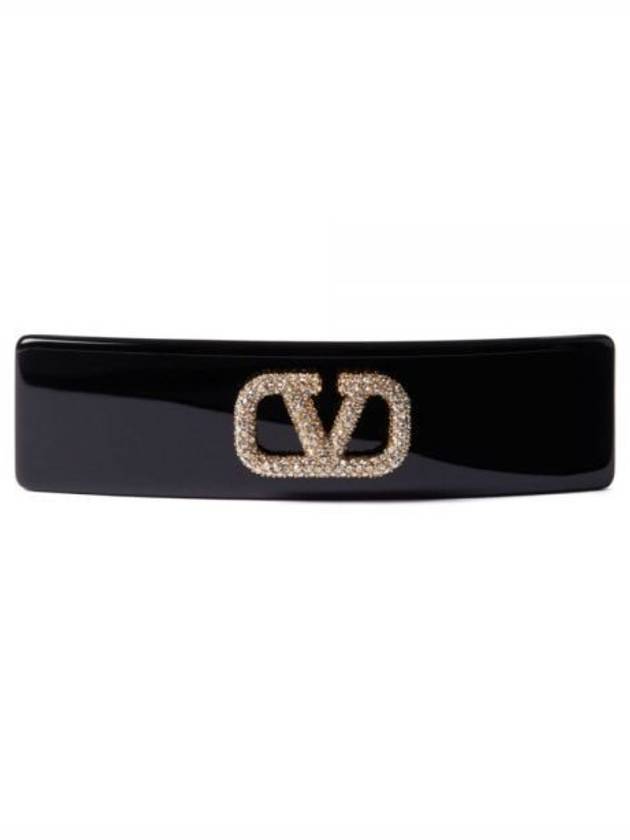 V Logo Signature Swarovski Crystal Resin Hair Clip Black - VALENTINO - BALAAN 2