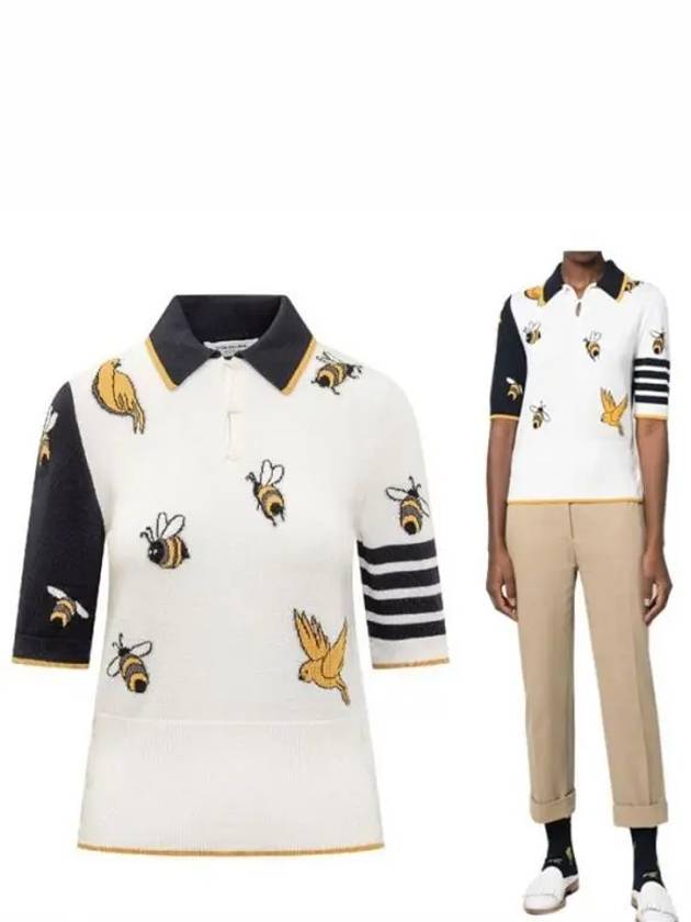 Fun-Mix Cotton Merino Birds and Bees 4-Bar Polo Shirt White - THOM BROWNE - BALAAN 2