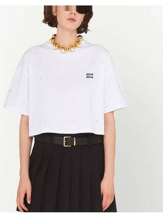 Embroidered Logo Crop Cotton Short Sleeved T-shirt White - MIU MIU - BALAAN 2