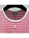 Women's T-Shirt Top Cotton White Pink Striped Logo T-Shirt - CHANEL - BALAAN 4