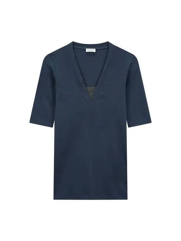 Women s Ribbed Short Sleeve T Shirt Navy - BRUNELLO CUCINELLI - BALAAN 1