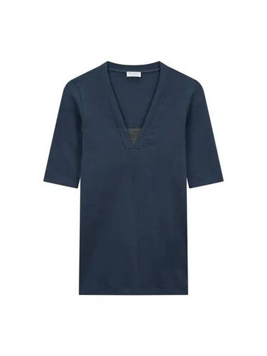 Women s Ribbed Short Sleeve T Shirt Navy - BRUNELLO CUCINELLI - BALAAN 1