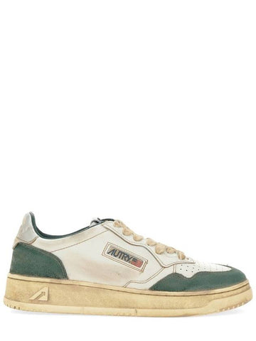 Autry Medalist Low Super Vintage White Leather And Suede Beige And Green Sneakers - AUTRY - BALAAN 1