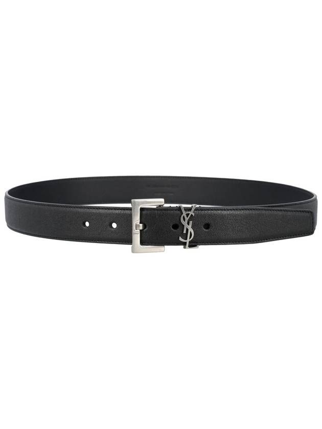 Silver Hardware Monogram Buckle Leather Belt Black - SAINT LAURENT - BALAAN 3