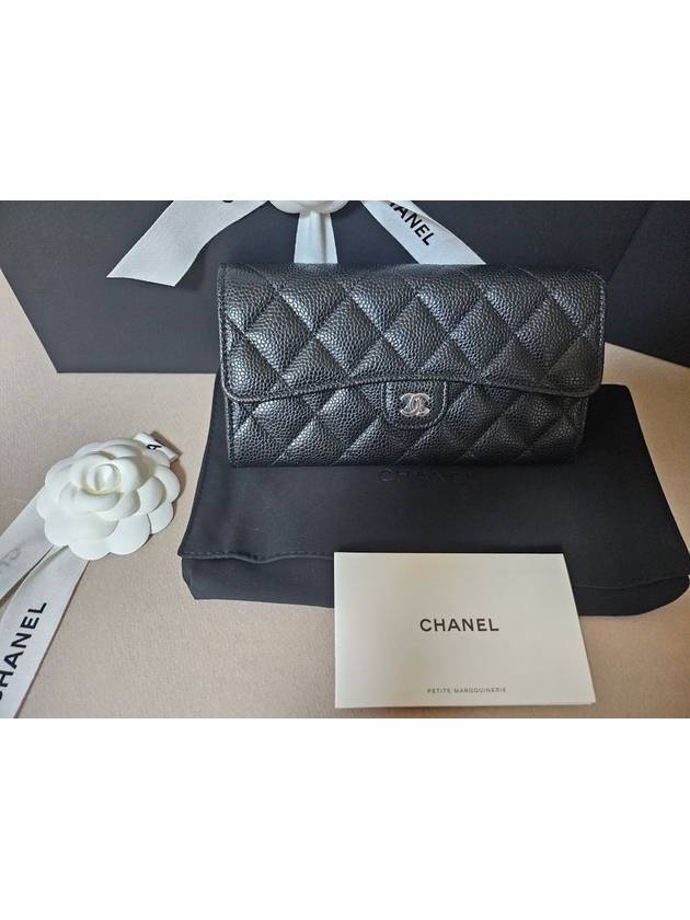 Silver Hardware Classic Caviar CC Logo Flap Long Wallet Black - CHANEL - BALAAN 3