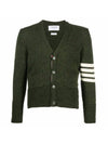 Men's Dark Green Stitch Classic Shetland Wool V-neck Cardigan - THOM BROWNE - BALAAN.