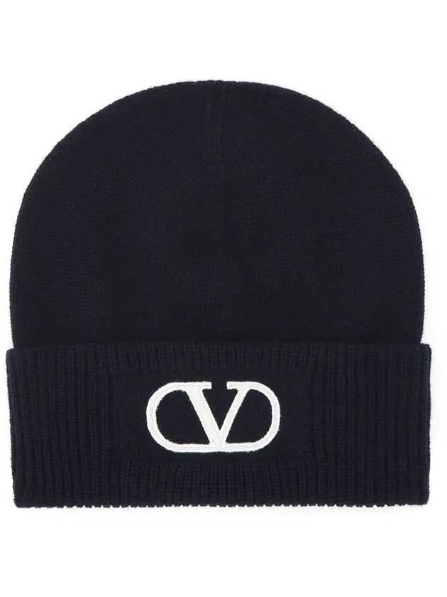 Signature V Logo Wool Beanie Navy - VALENTINO - BALAAN 1