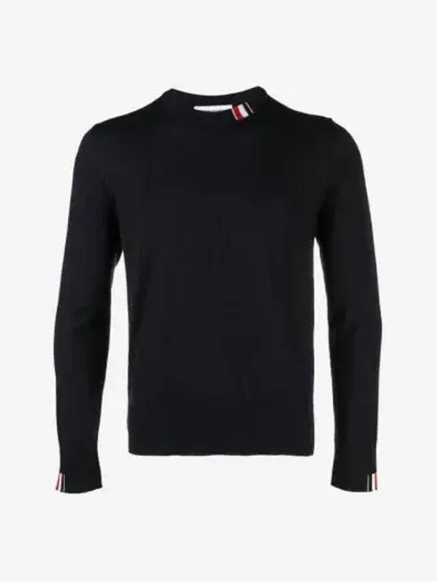 Intarsia Stitch Crew Neck Merino Wool Knit Top Navy - THOM BROWNE - BALAAN 3