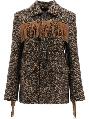 Women's Fringe Leopard Jacket Brown - SAINT LAURENT - BALAAN 1