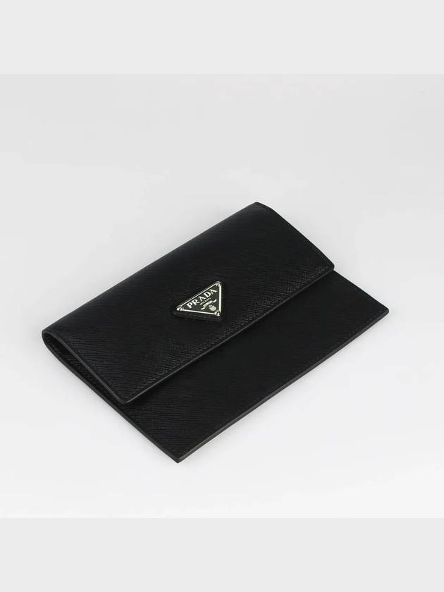 Saffiano Triangular Logo Stitch Saffiano Card Wallet Black - PRADA - BALAAN 5