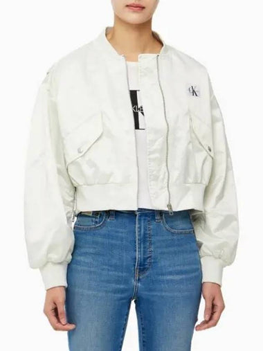 Jeans Fabric Mix Cropped Bomber Jacket White - CALVIN KLEIN - BALAAN 1