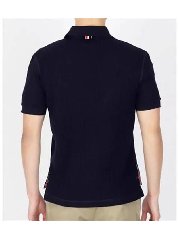 RWB Button Ribbed Polo Wool Knit Top Navy - THOM BROWNE - BALAAN 3