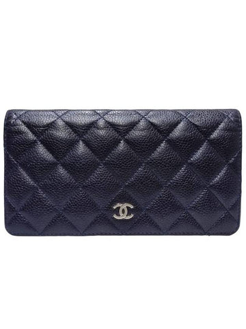 Women s A31509 Navy Caviar Skin CC Logo Silver Flap Long Wallet - CHANEL - BALAAN 1