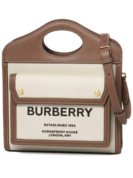 Mini Two-Tone Canvas And Leather Pocket Bag Natural Malt Brown - BURBERRY - BALAAN