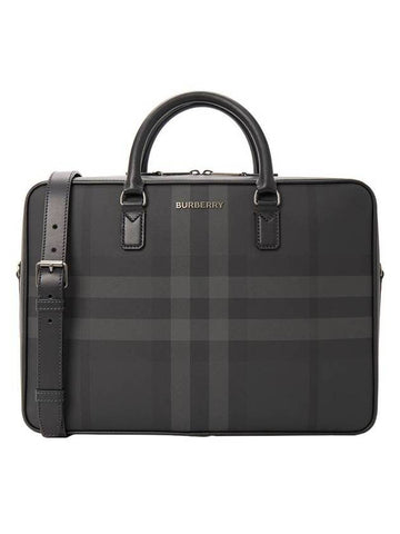 Check Print Leather Brief Case Charcoal - BURBERRY - BALAAN 1