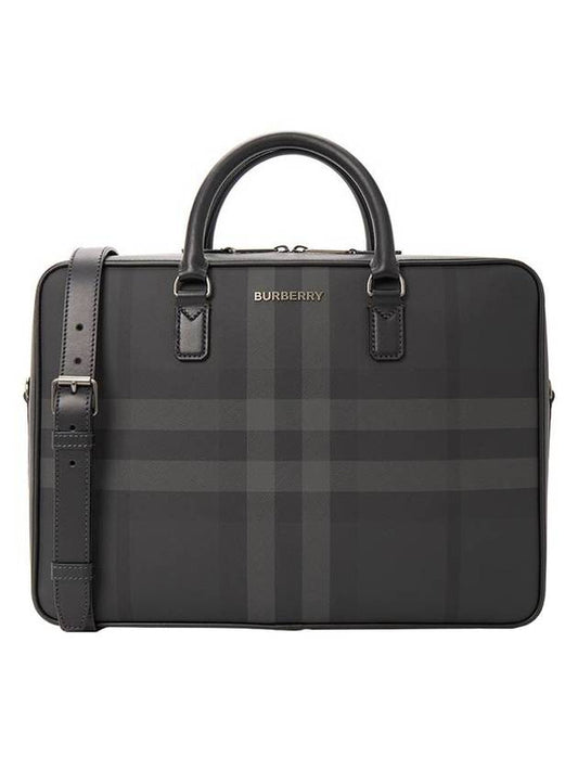 Check Print Leather Brief Case Charcoal - BURBERRY - BALAAN 1