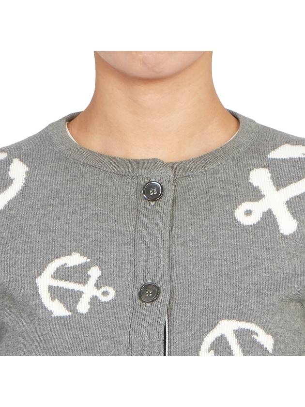 Cotton Anchor Intarsia 4-Bar Crewneck Cardigan Grey - THOM BROWNE - BALAAN 8